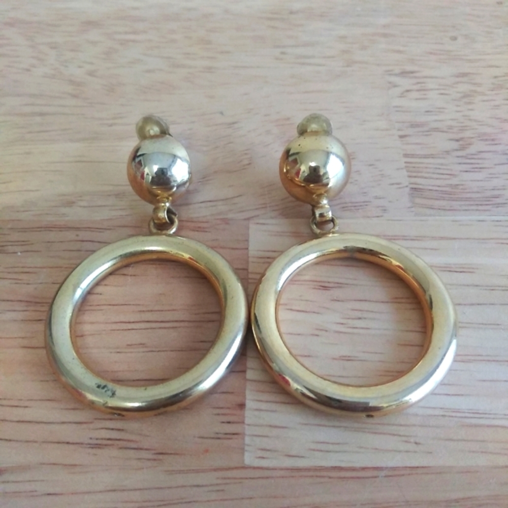 Vintage Gold Clip On Hoop Earrings 2 1/2"